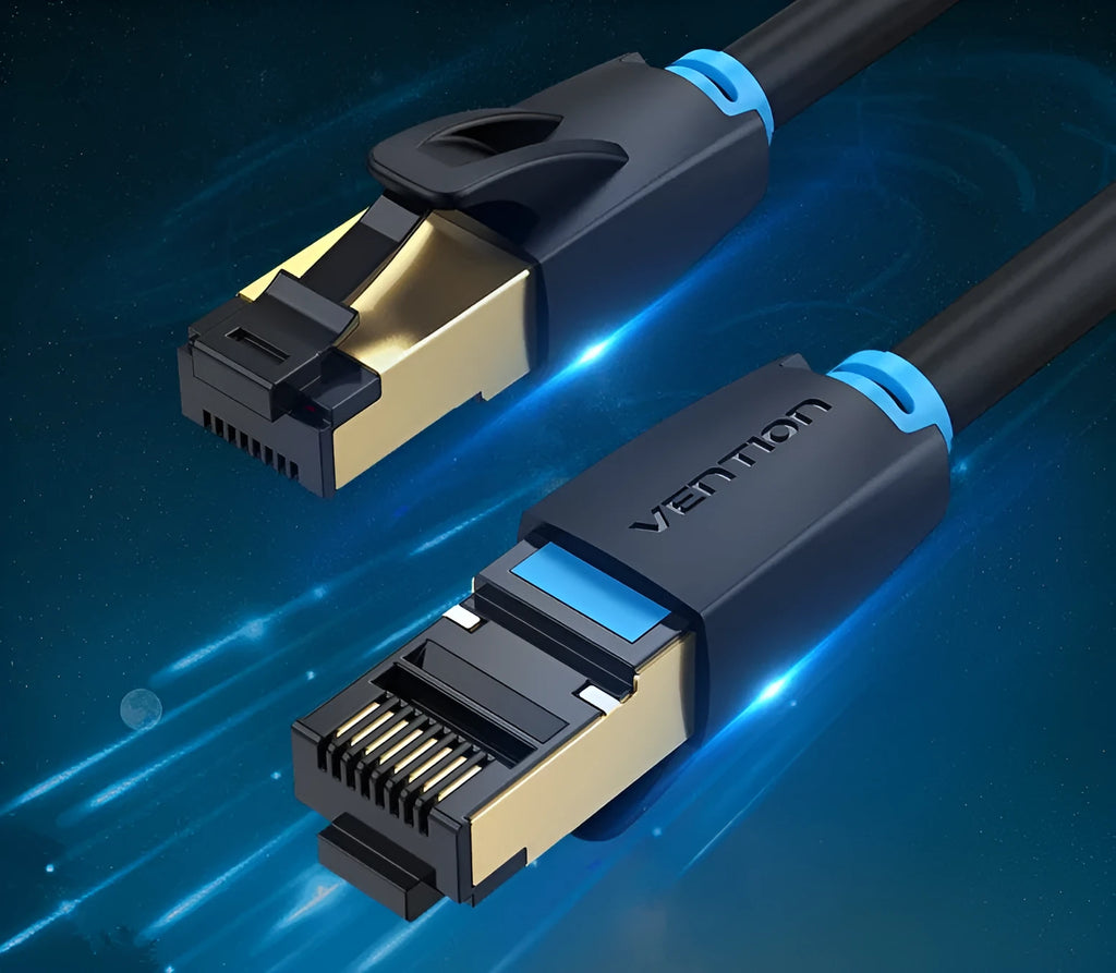 Shielded CAT8 network cable with RJ45 connectors, shown in flat and round styles, available in multiple lengths.