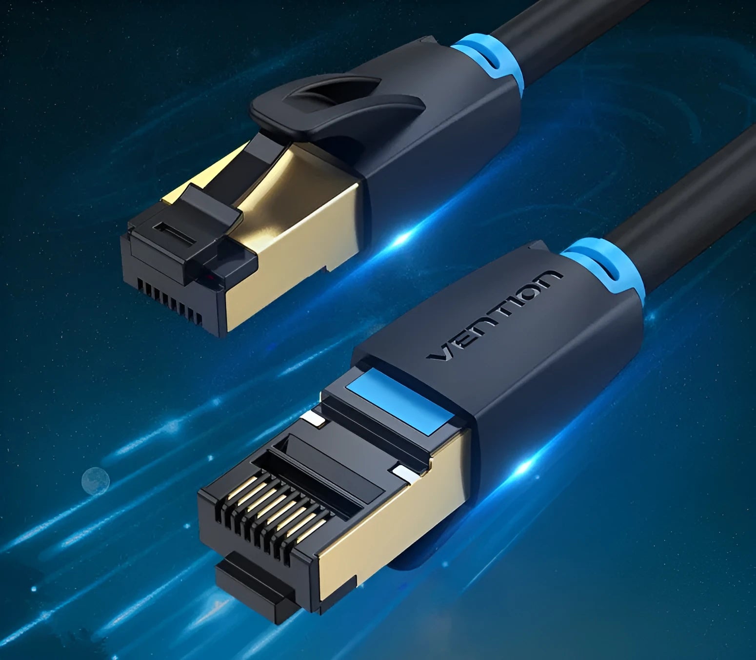 Shielded CAT8 network cable with RJ45 connectors, shown in flat and round styles, available in multiple lengths.
