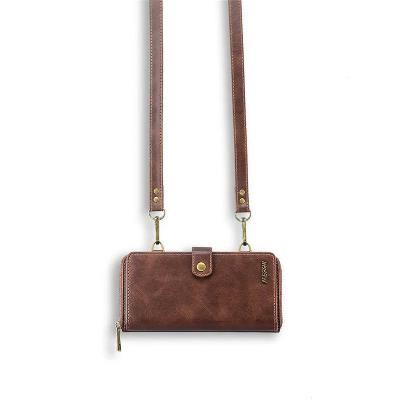 Detachable wallet style phone case with leather flip cover in black, blue, brown, or red colours