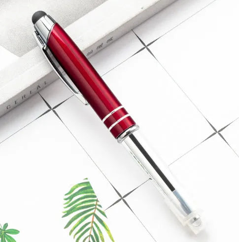 Metal multifunctional stylus pen with capacitive tip, ballpoint pen, and LED light in multiple colour options