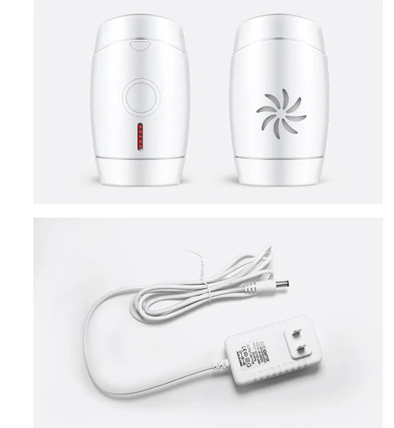 White home IPL laser hair removal device on a table showing its compact size and control buttons.