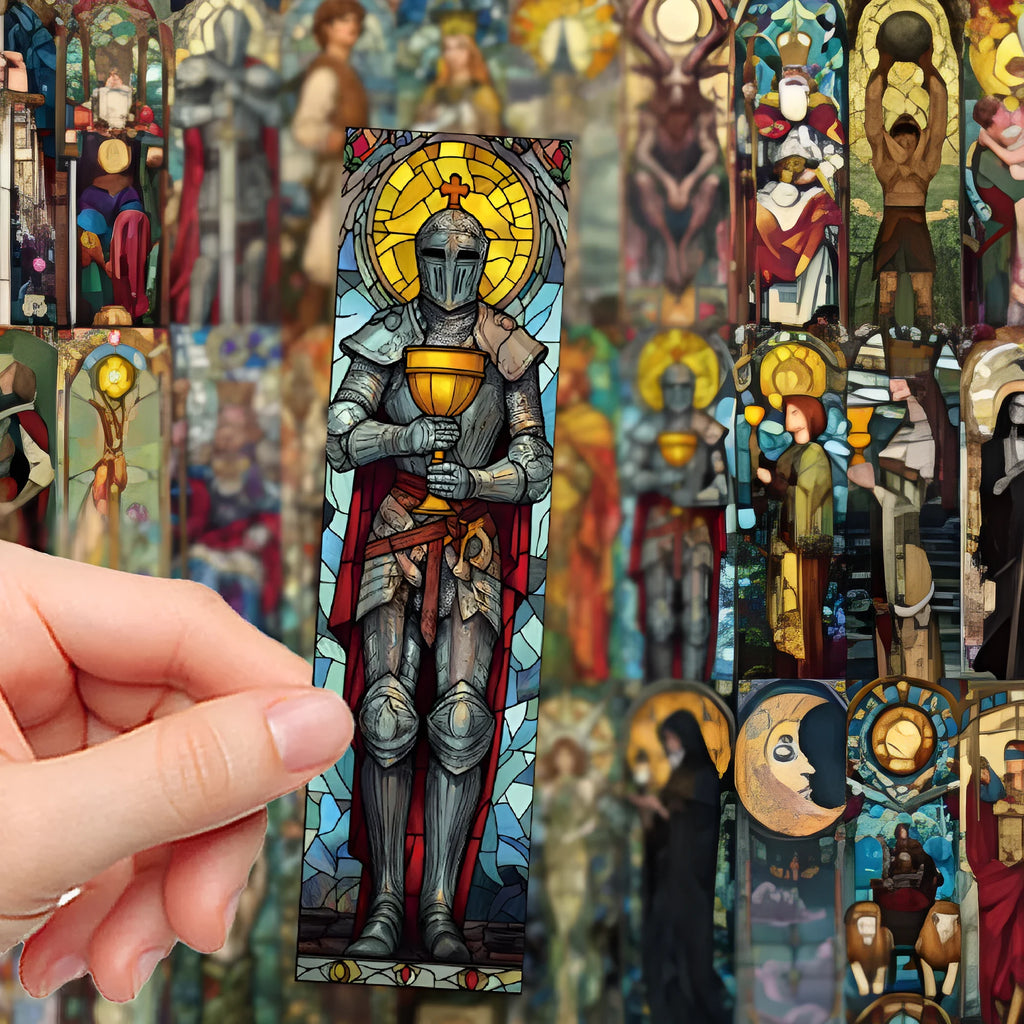 Pack of 30 paper tarot bookmarks with painted glass card illustrations.