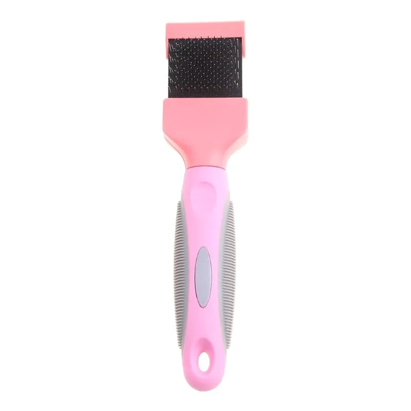 Double-sided pet grooming brush with stainless steel pins and ergonomic handle in blue colour