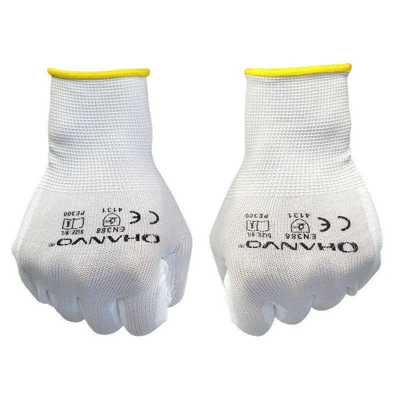 Pair of white PU coated work gloves for labour, showing flexible latex-free coating.
