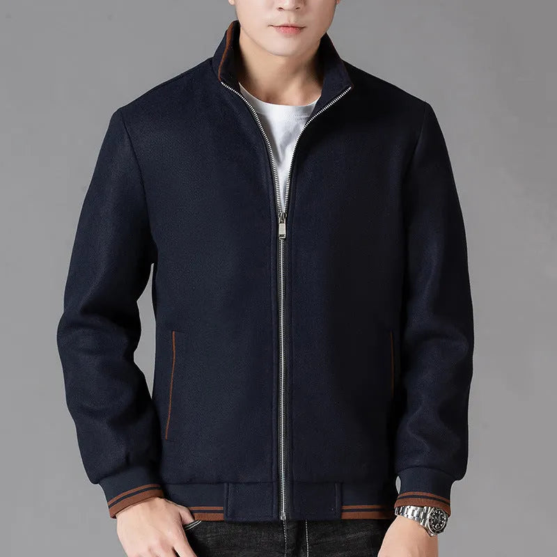 Men's grey polyester fleece autumn jacket with long sleeves and a stick pocket.