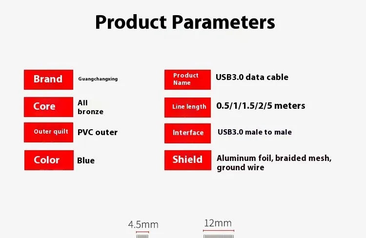 USB 3.0 data cable with nickel-plated connectors for mobile hard disk box connectivity
