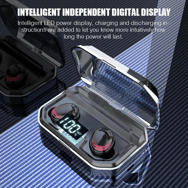 Black X10 Bluetooth headset and charging case on a white background.