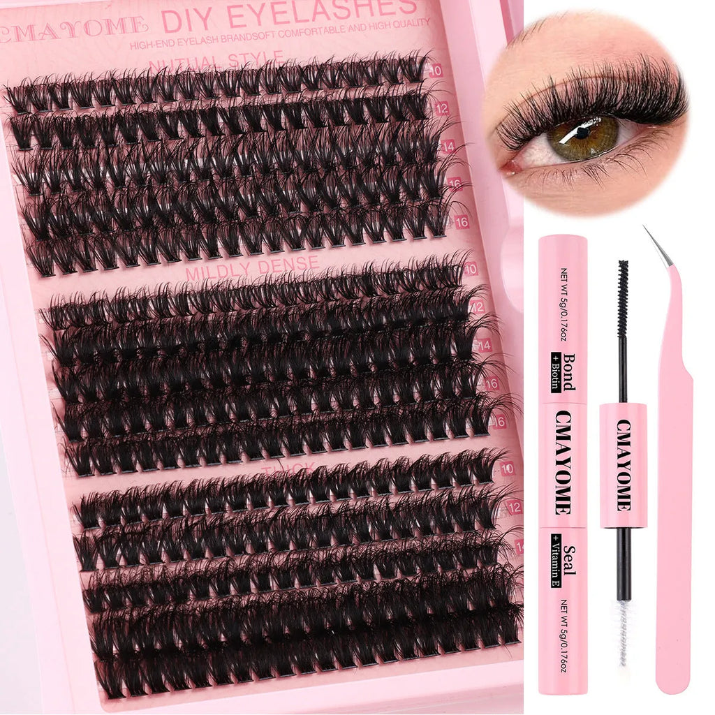 DIY false eyelash extension kit with single cluster chemical fibre lashes and tweezers
