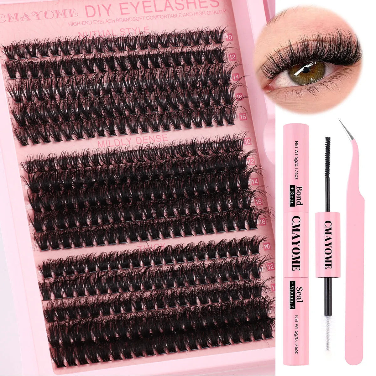 DIY false eyelash extension kit with single cluster chemical fibre lashes and tweezers