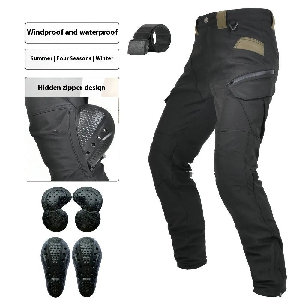 Men's waterproof motorcycle cycling trousers in black or green with belt and protective gear