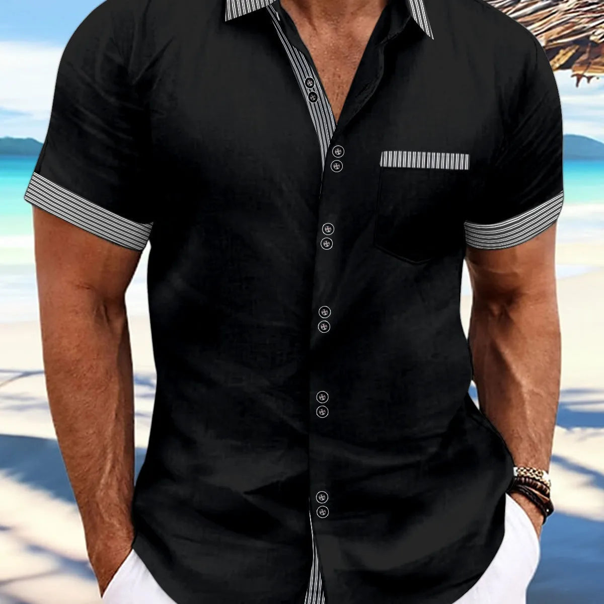 Slim fit striped casual cotton shirt on a hanger, showing double button front detail.