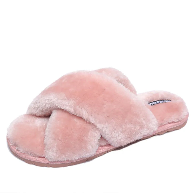 Cross open-toe fur slippers in multiple colours showing fur lining and patterned non-slip sole.