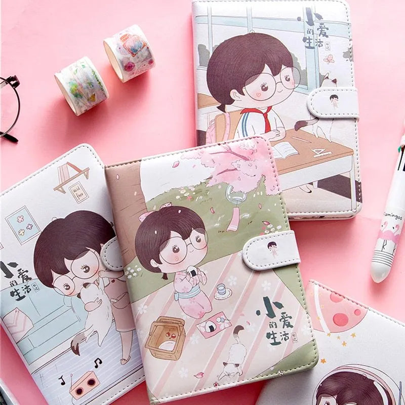 Fruit print notebook planner with magnetic buckle, imitation leather cover, kawaii illustration, A6 size 18.6x13.8cm