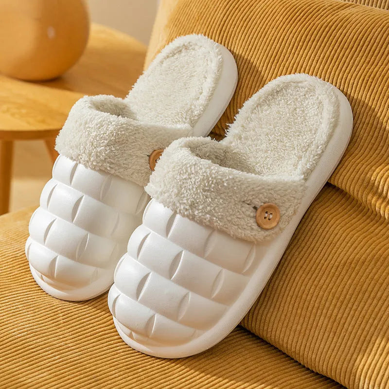 Plaid detachable EVA house slippers with plush lining, shown in assorted colours.
