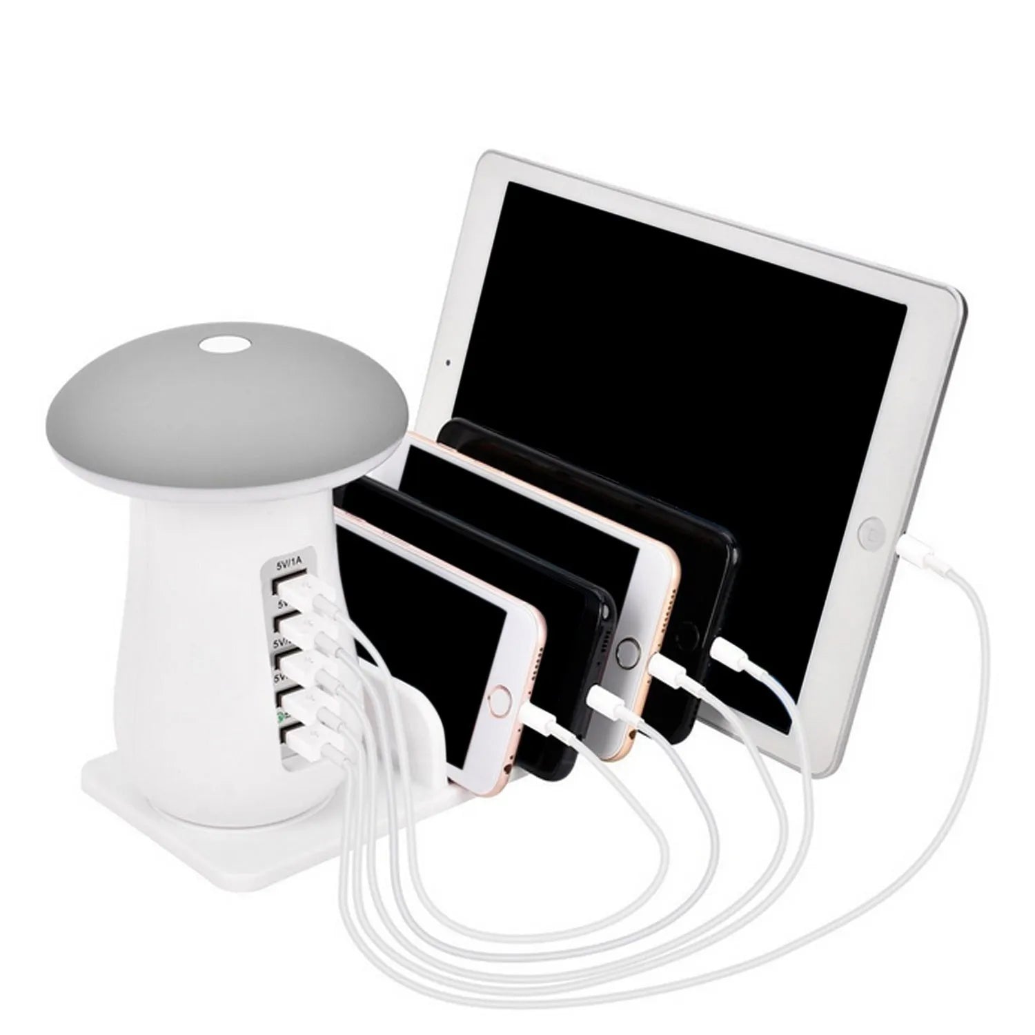 White mushroom-shaped LED desk lamp with 5 USB charging ports at its base on a wooden table.