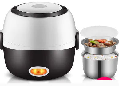 White electric lunch box with USB port showing 190mm dimensions and dual capacity options
