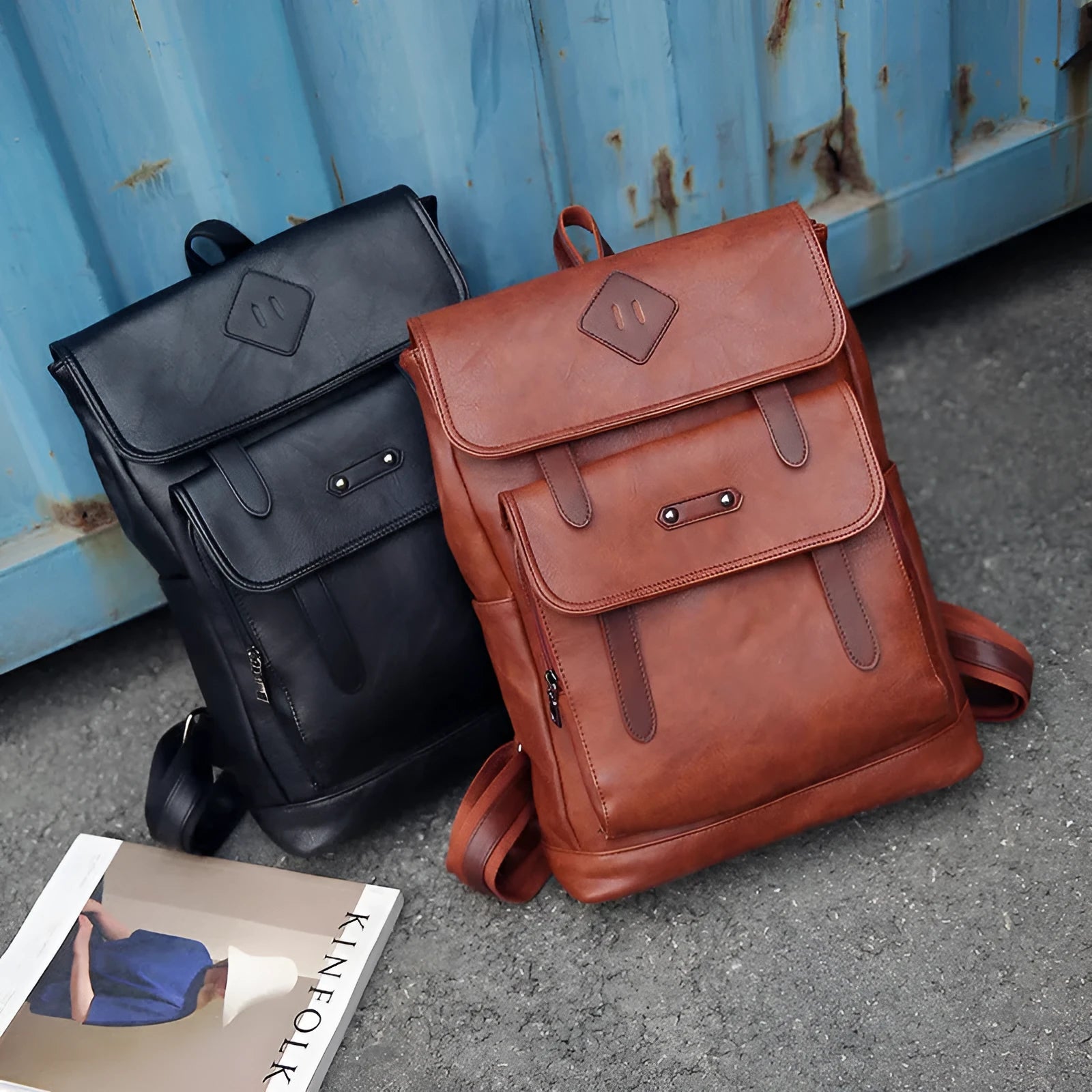 Gray leather retro laptop backpack for men with compact 30cm by 20cm by 10cm dimensions