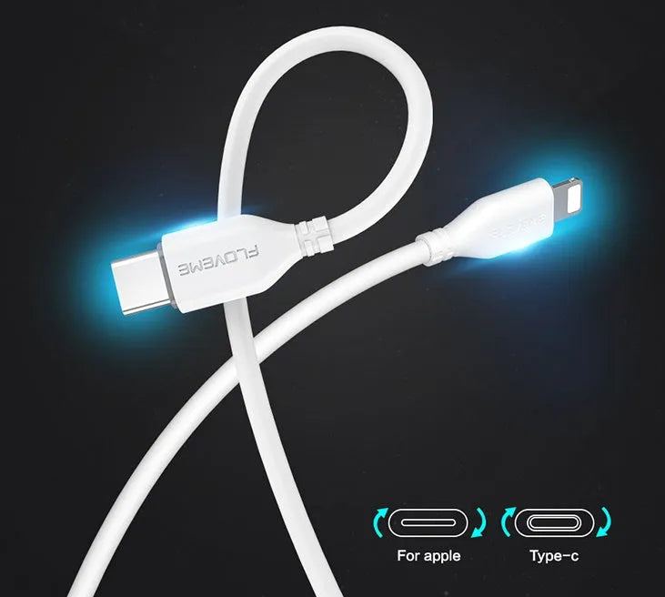 White braided USB-C to Lightning cable with reinforced connectors measuring 1 metre