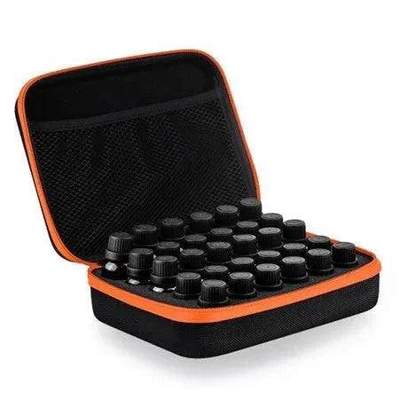 Red EVA essential oil storage bag with 30 open compartments for 15ml bottles.