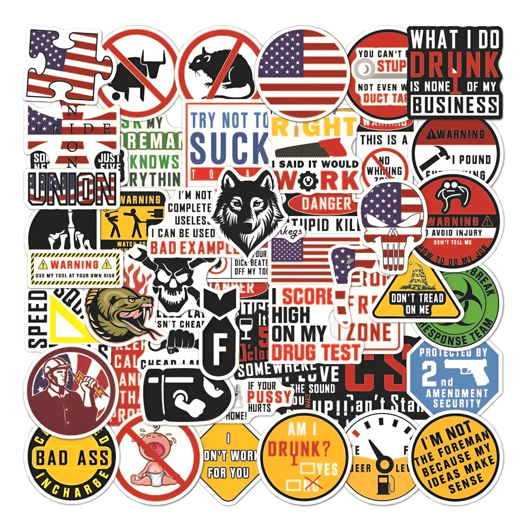 Pack of 50 waterproof warning stickers for helmets and motorcycles with PVC adhesive and bright film coating.