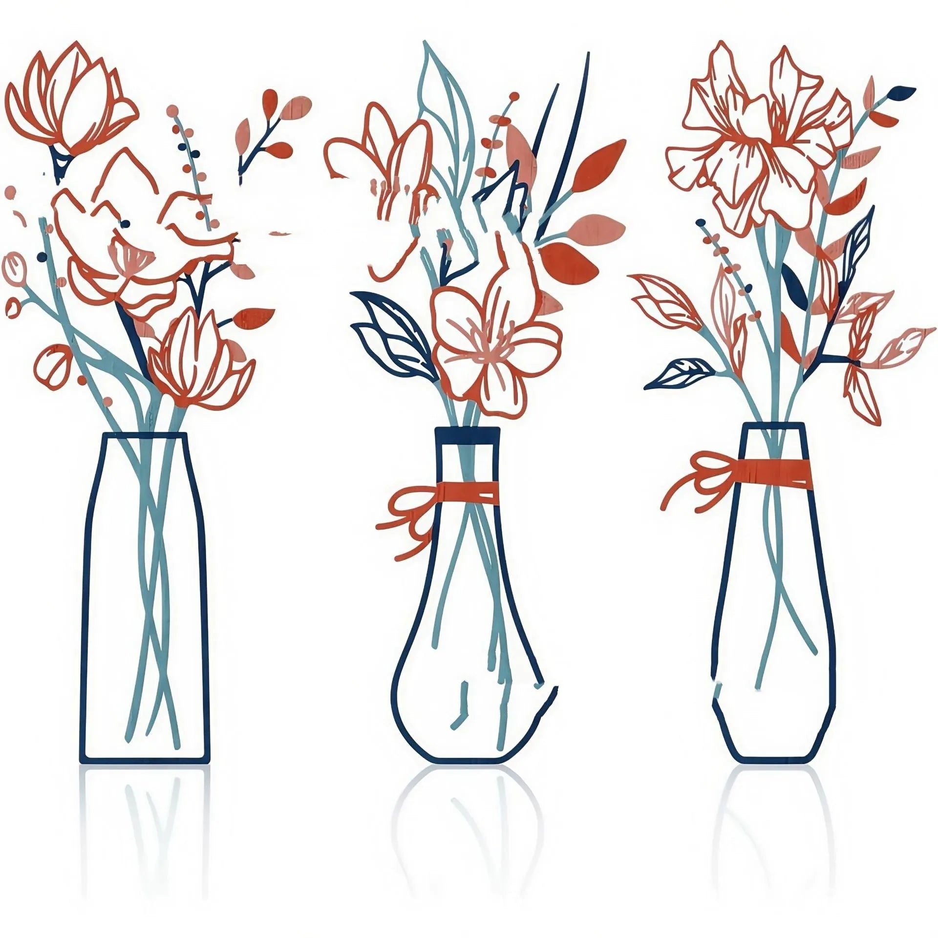 Three metal flower wall art pieces in colourful vase designs for farmhouse decoration
