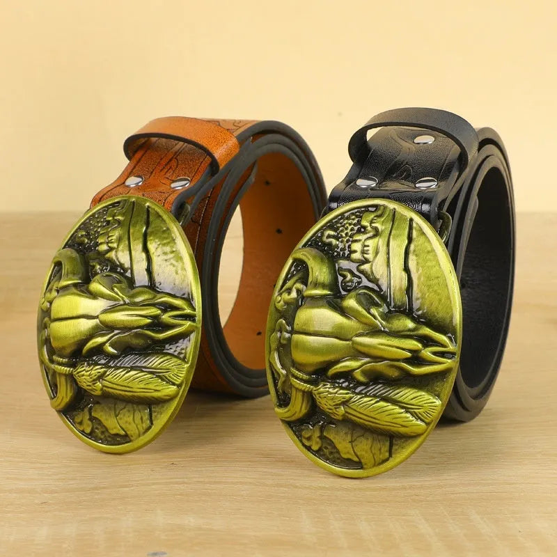 Men's brown imitation leather belt with a detailed metal cow head buckle and pin clasp.
