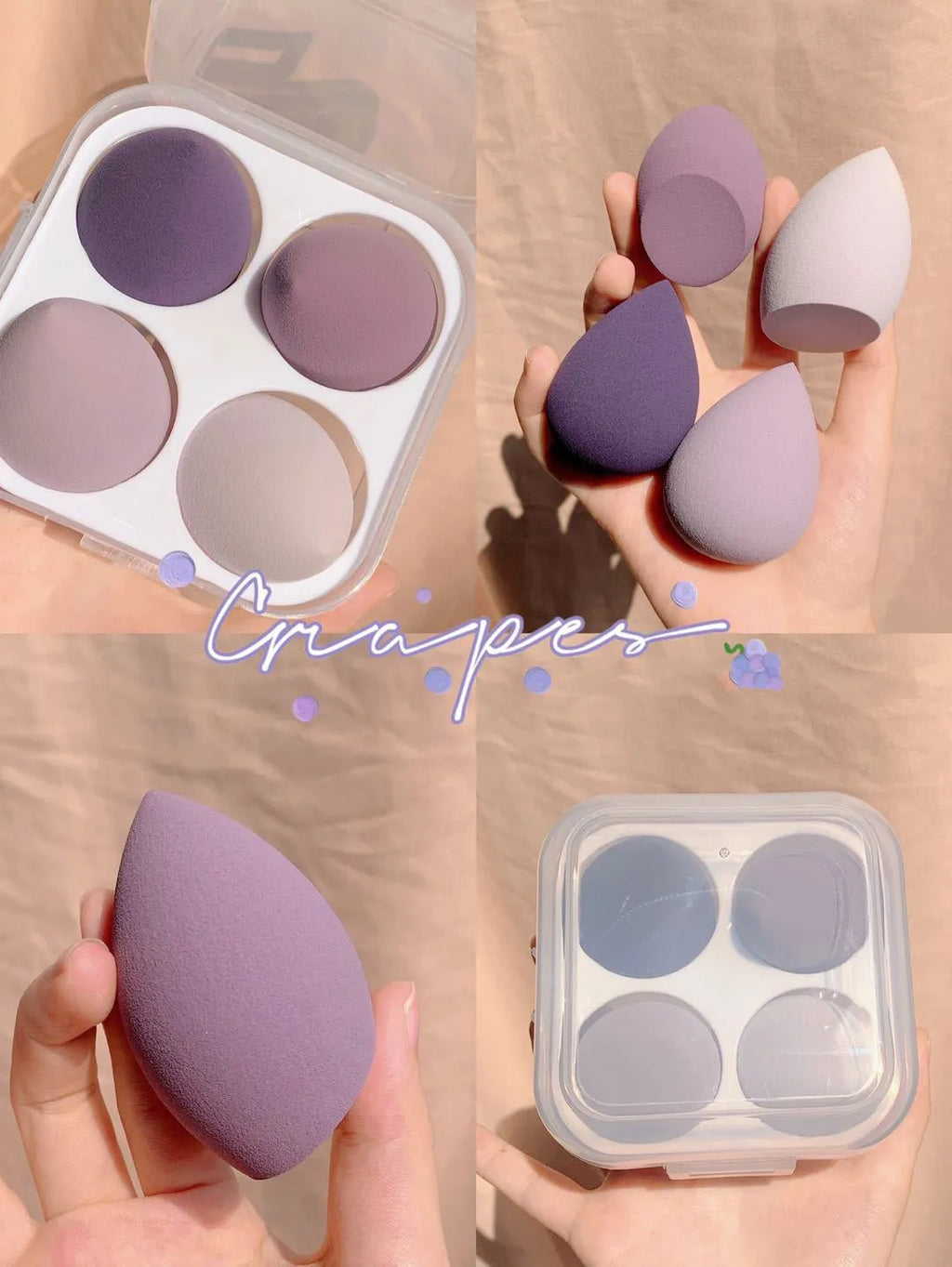 Four egg-shaped makeup sponges in grape, mango, mint, and peach colours arranged together
