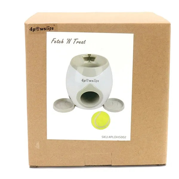 White plastic tennis food reward machine for interactive dog training with snack dispensing