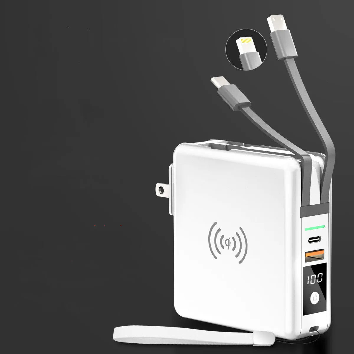 Black and white 10000mAh power bank with QI wireless charging and a set of international plug adapters