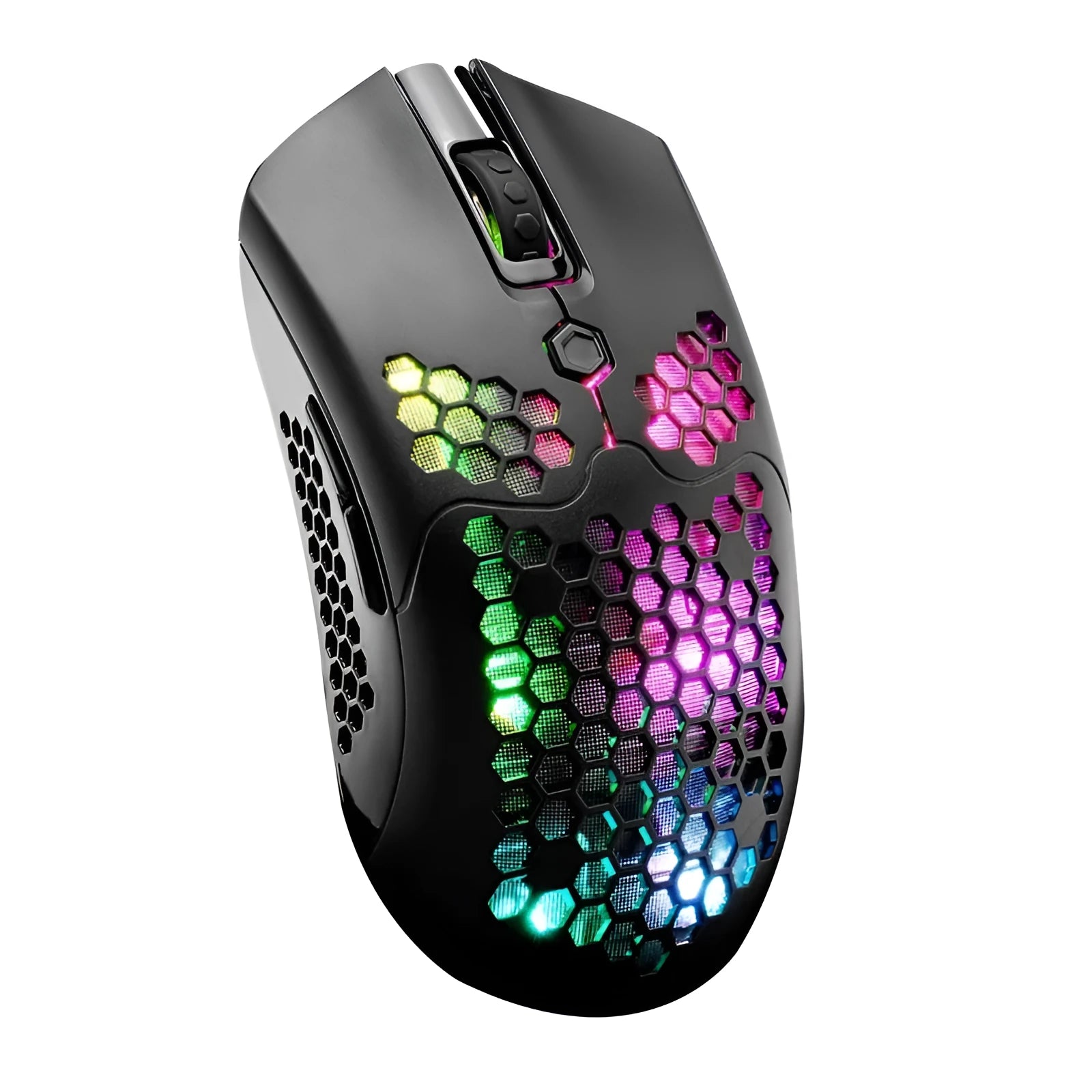 Free Wolf X2 wireless gaming mouse with honeycomb shell in multiple colours on a desk.