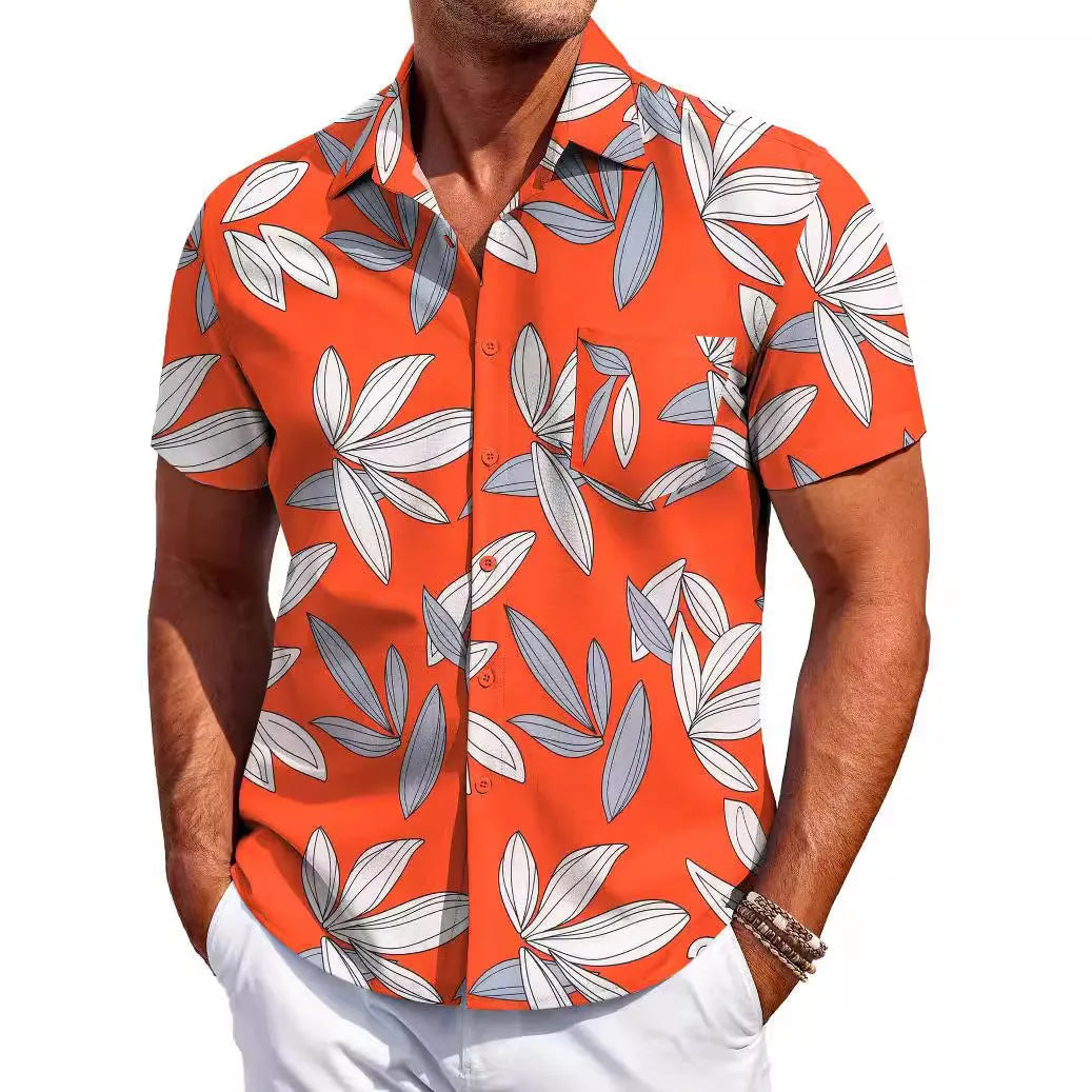 Man wearing a slim fit Hawaiian pattern short sleeve shirt in elastic polyester fabric.