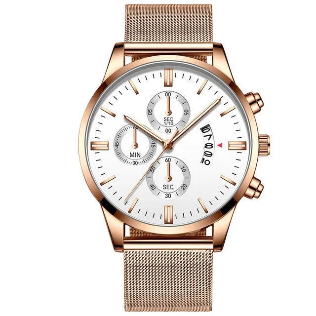 Men's stainless steel mesh band quartz watch showing analogue dial and choice of colour finishes.
