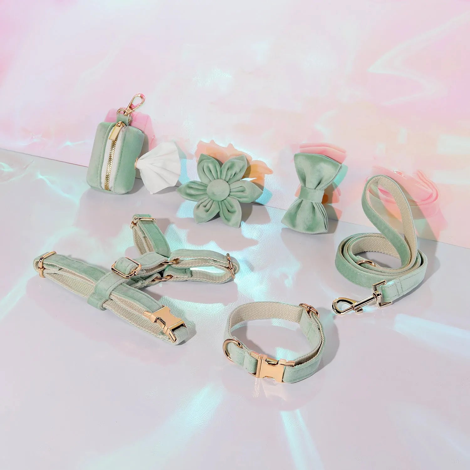Classic velvet dog collar and matching lead set with chest strap, bow tie, and flower accessory in assorted colours.