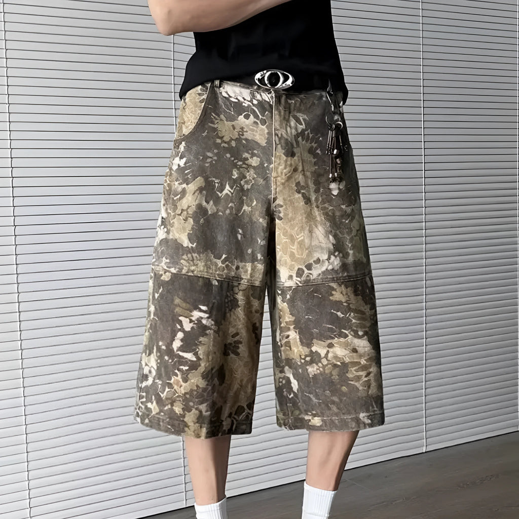 Yellow snake pattern camouflage cropped jeans in cotton denim fabric showing tooling design detail
