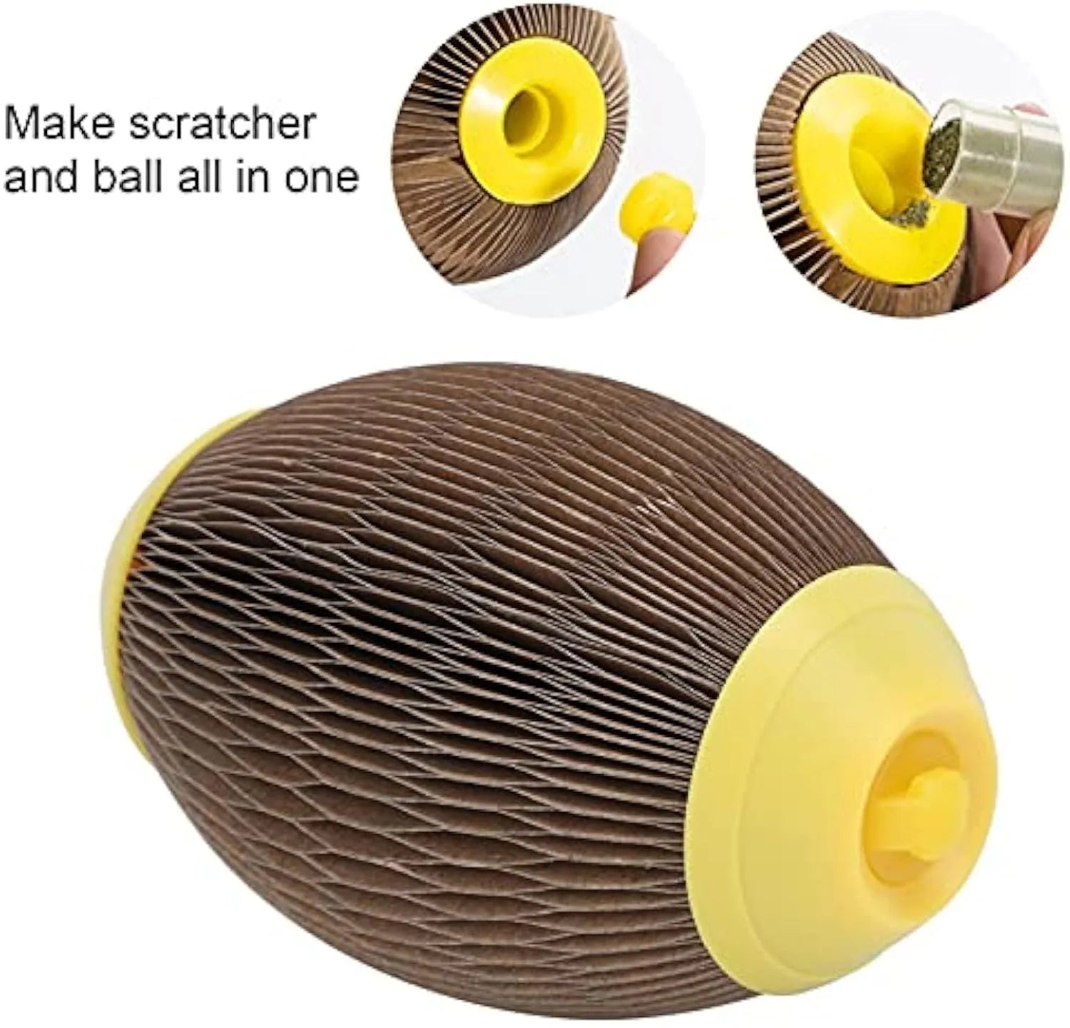 Ellipse-shaped corrugated paper catnip ball toy for scratching and chasing.