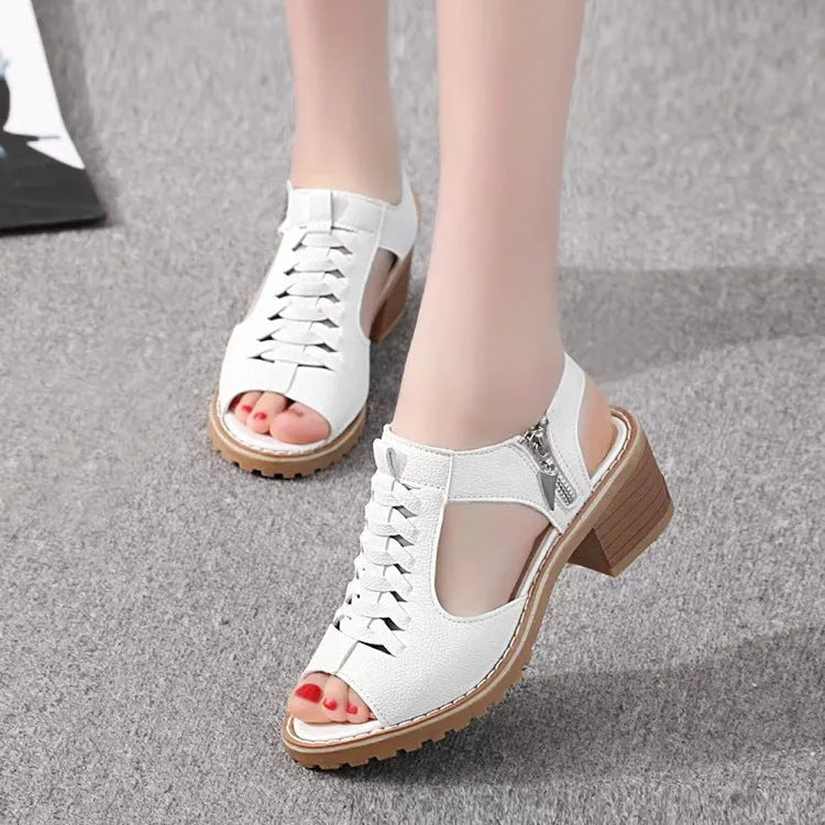 Women's retro sandals with side zipper detail in black, creamy white and white colours
