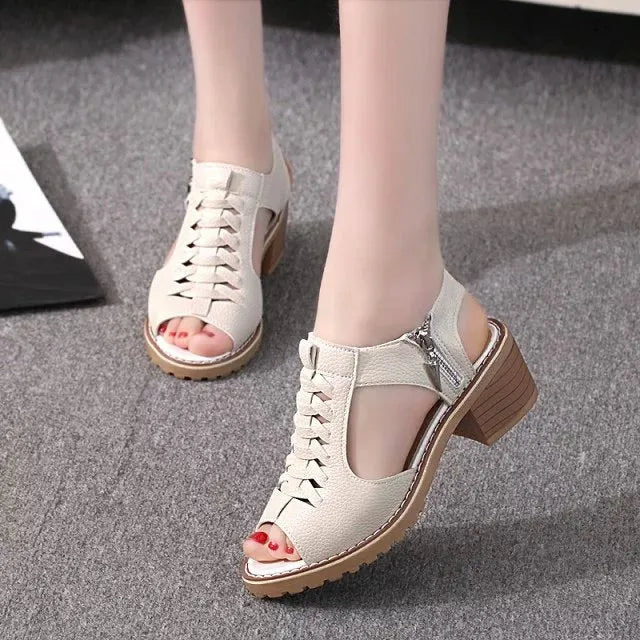 Women's retro sandals with side zipper detail in black, creamy white and white colours