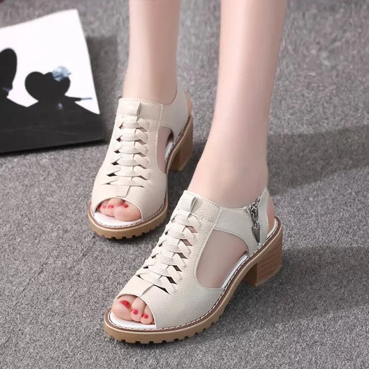 Women's retro sandals with side zipper detail in black, creamy white and white colours