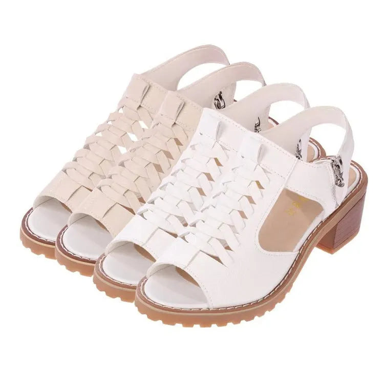 Women's retro sandals with side zipper detail in black, creamy white and white colours