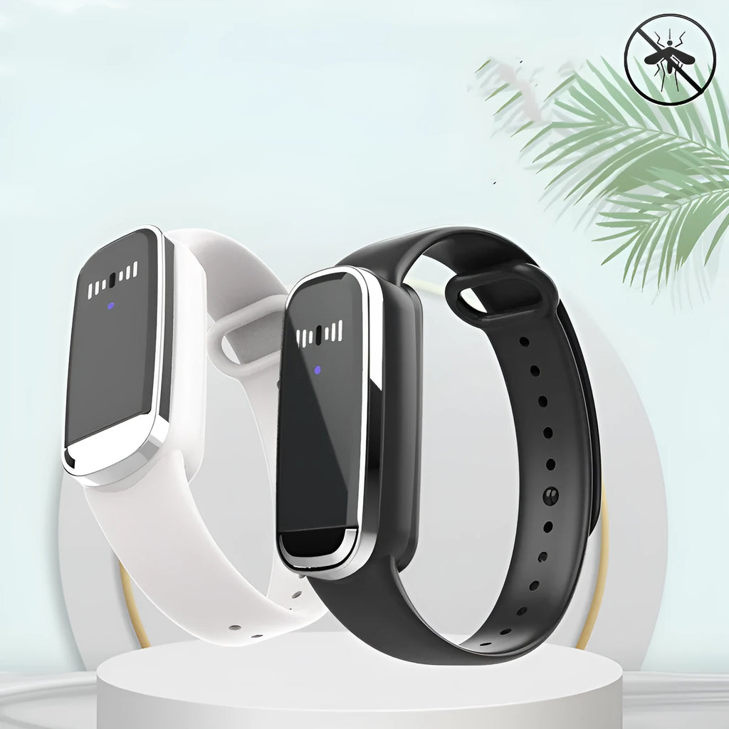 Black and white ultrasonic mosquito repellent bracelet with USB charging cable, compact portable design