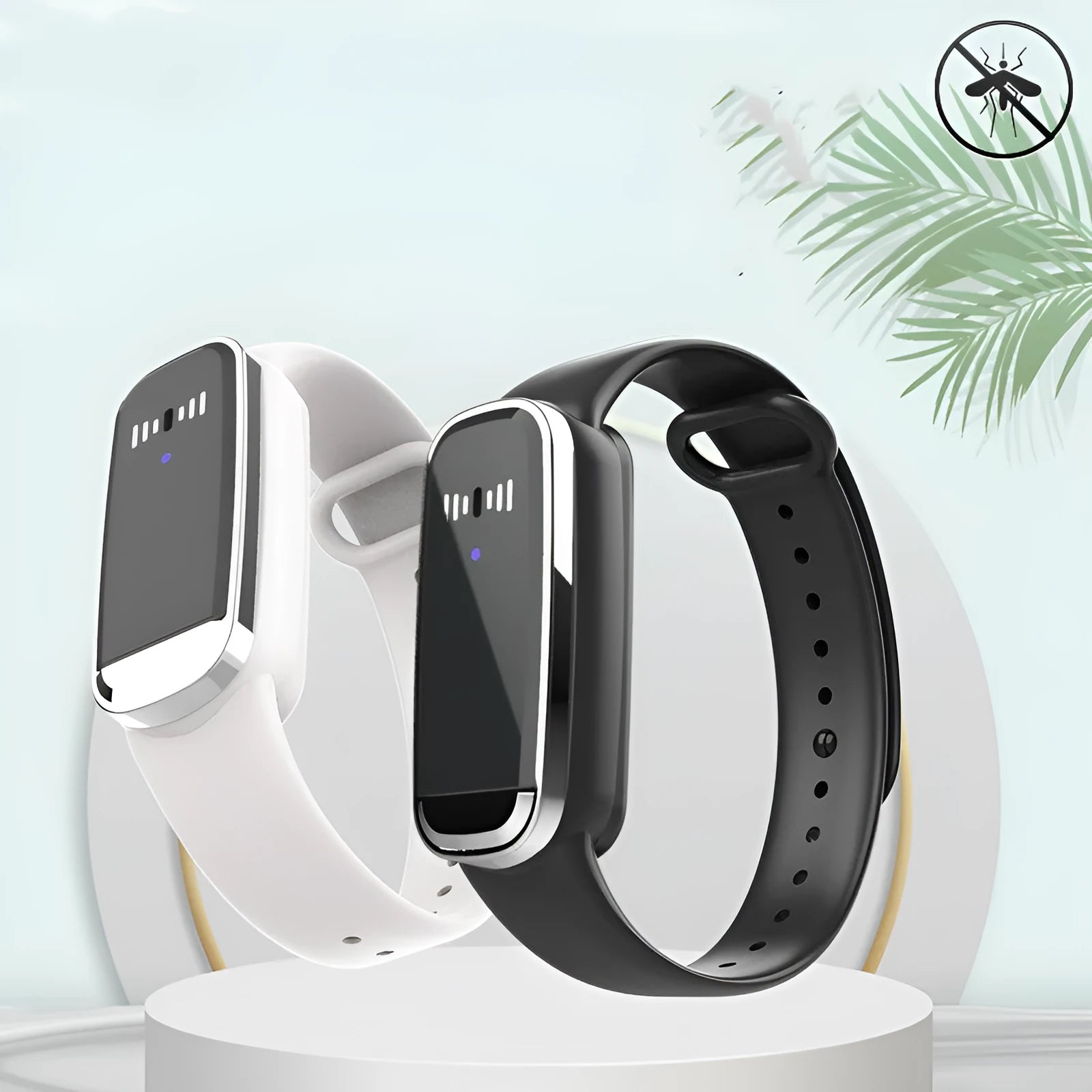 Black and white ultrasonic mosquito repellent bracelet with USB charging cable, compact portable design