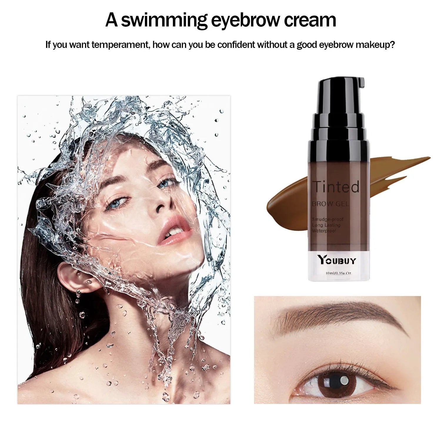 Waterproof brow cream tube in dark grey and golden yellow colours for eyebrow definition