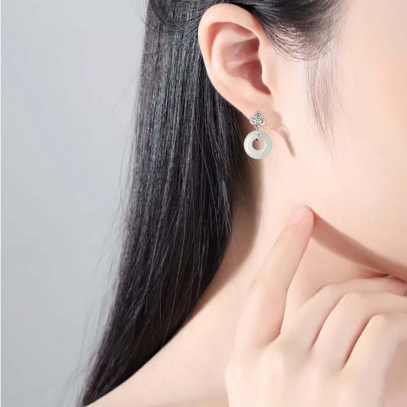 Chinese Ruyi safety buckle earrings in S925 sterling silver with natural Hetian jade, geometric national fashion style