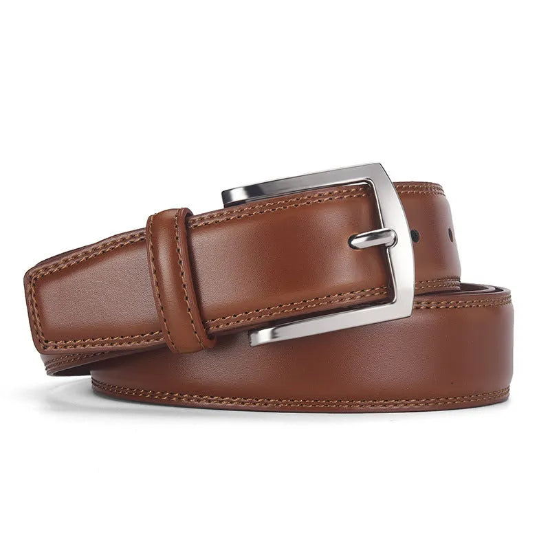 Men's black leather belt with silver pin buckle fastener showing length measurement