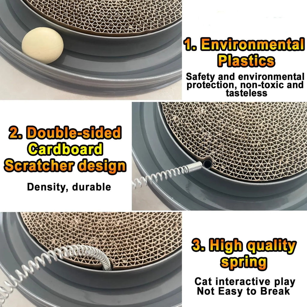 Blue interactive cat scratcher with ball track and replaceable scratching pad on 40cm diameter base