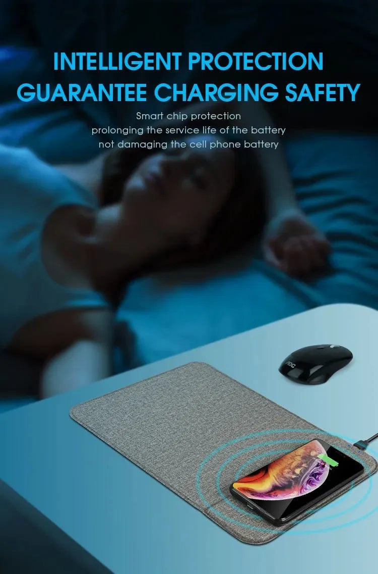 A grey foldable cloth phone holder open as a stand, with a smartphone charging on it.