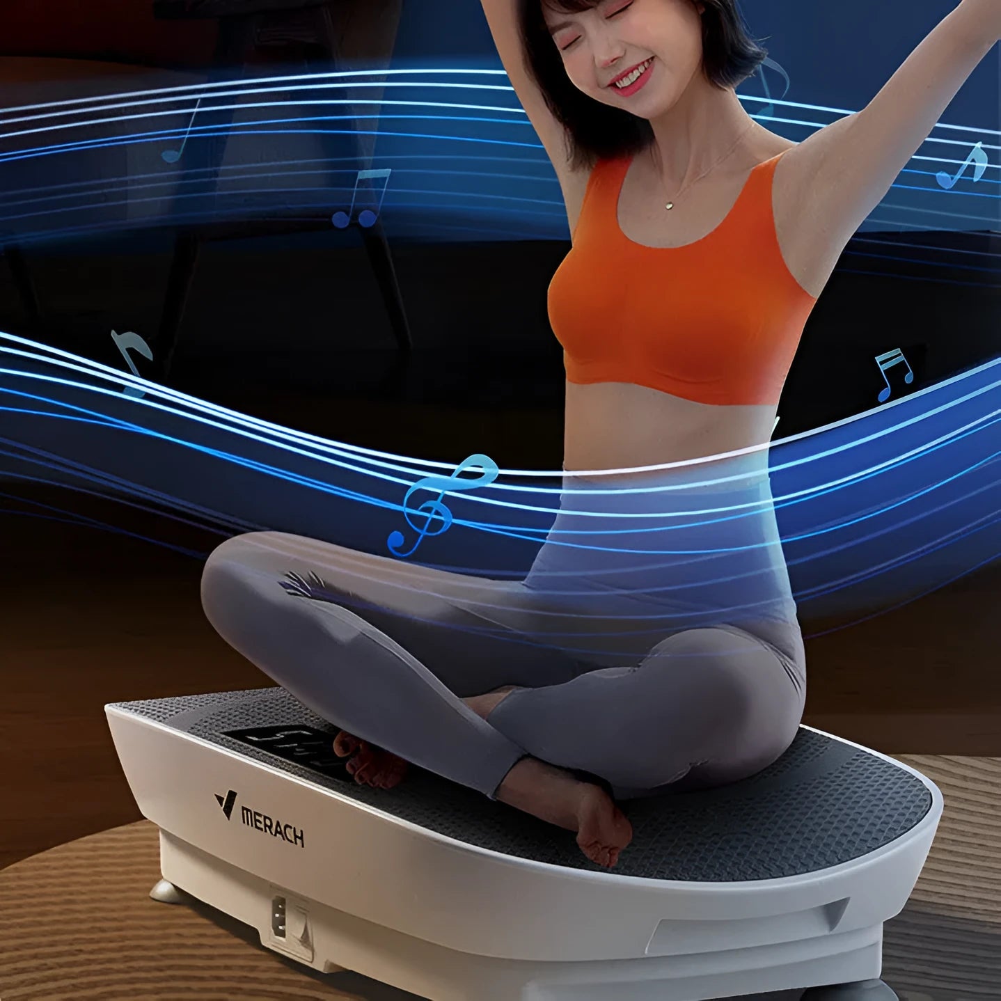 Portable smart power plate in grey colour showing compact 58x38x16cm dimensions with Bluetooth connectivity