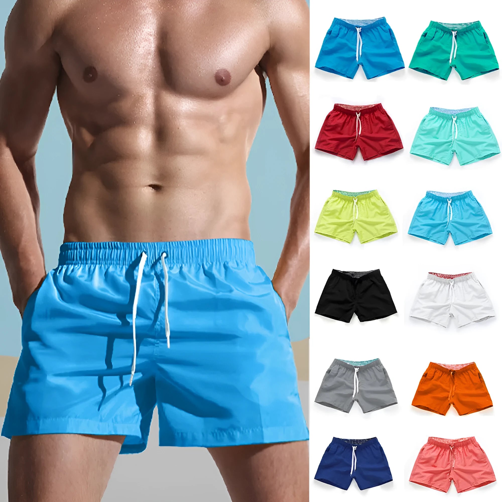Men's straight-leg beach shorts in polyester fabric on a beach background