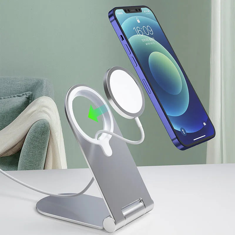 Silver vertical adjustable magnetic bracket for iPhone 12 phones showing compact dimensions