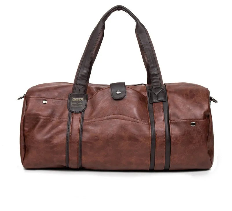 Portable cylinder leisure travel bag medium 36-55L PU leather blue black brown zipper closure soft handle